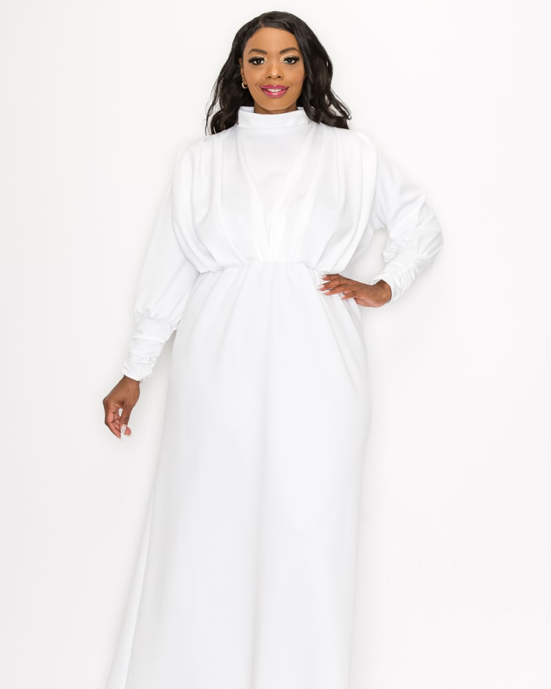 Front of a model wearing a size 1X Laufey Pleated Bodice Maxi Dress in Ivory by L I V D. | dia_product_style_image_id:251584